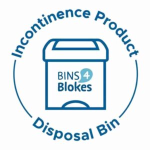 Sticker with white background and blue writing to go on incontinence product disposal bins in men's toilets