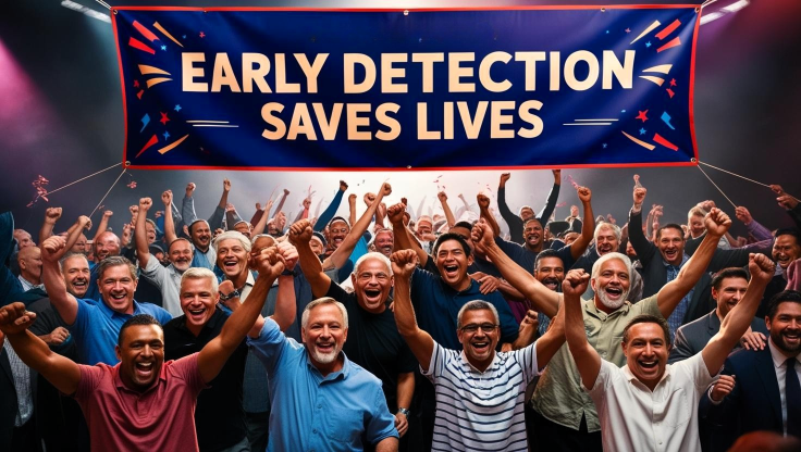 Large group of men smiling and with raised arms in celebration. Over their heads is a blue banner that reads "Early Detection Saves Lives".