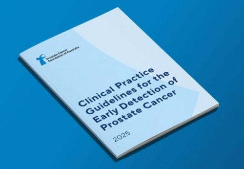 Cover of a document sitting on a medium blue background. Cover reads "Clinical Practice Guidelines for the Early Detection of Prostate Cancer 2025".