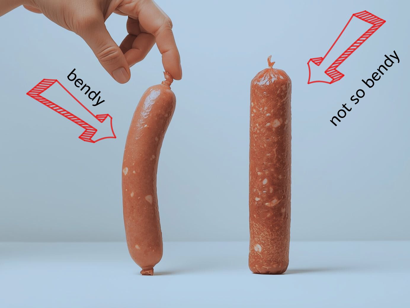 Image of a raw sausage standing upright with a finger pressing the tip so that it bends slightly. Next to the sausage is a stick of salami, also standing upright.