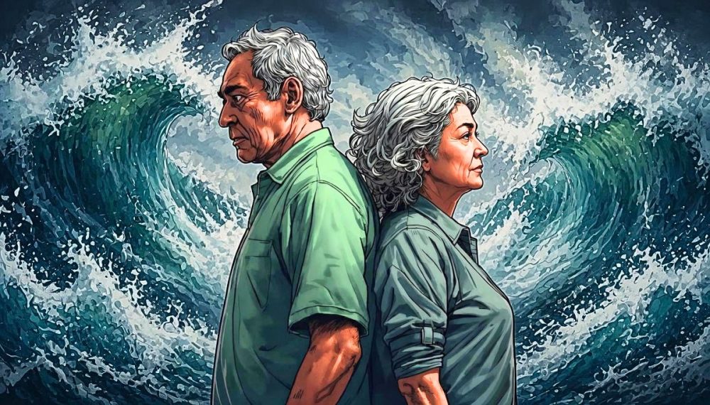 AI-generated illustration of a man and woman standing back to back. In the background are turbulent waves. This illustration is designed to suggest the challenges to a relationship.