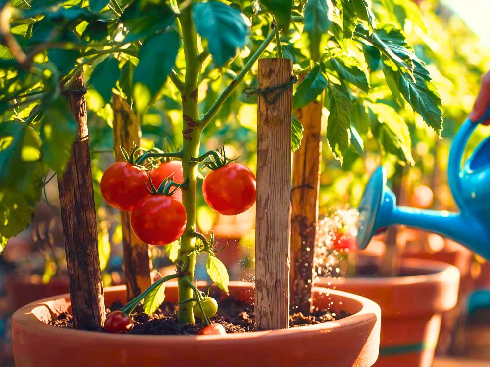 AI generated image of ripe tomatoes growing in terracotta pots. They are being watered using a blue watering can.