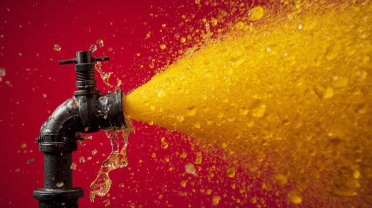Black water pump or tap with yellow fluid gushing from it